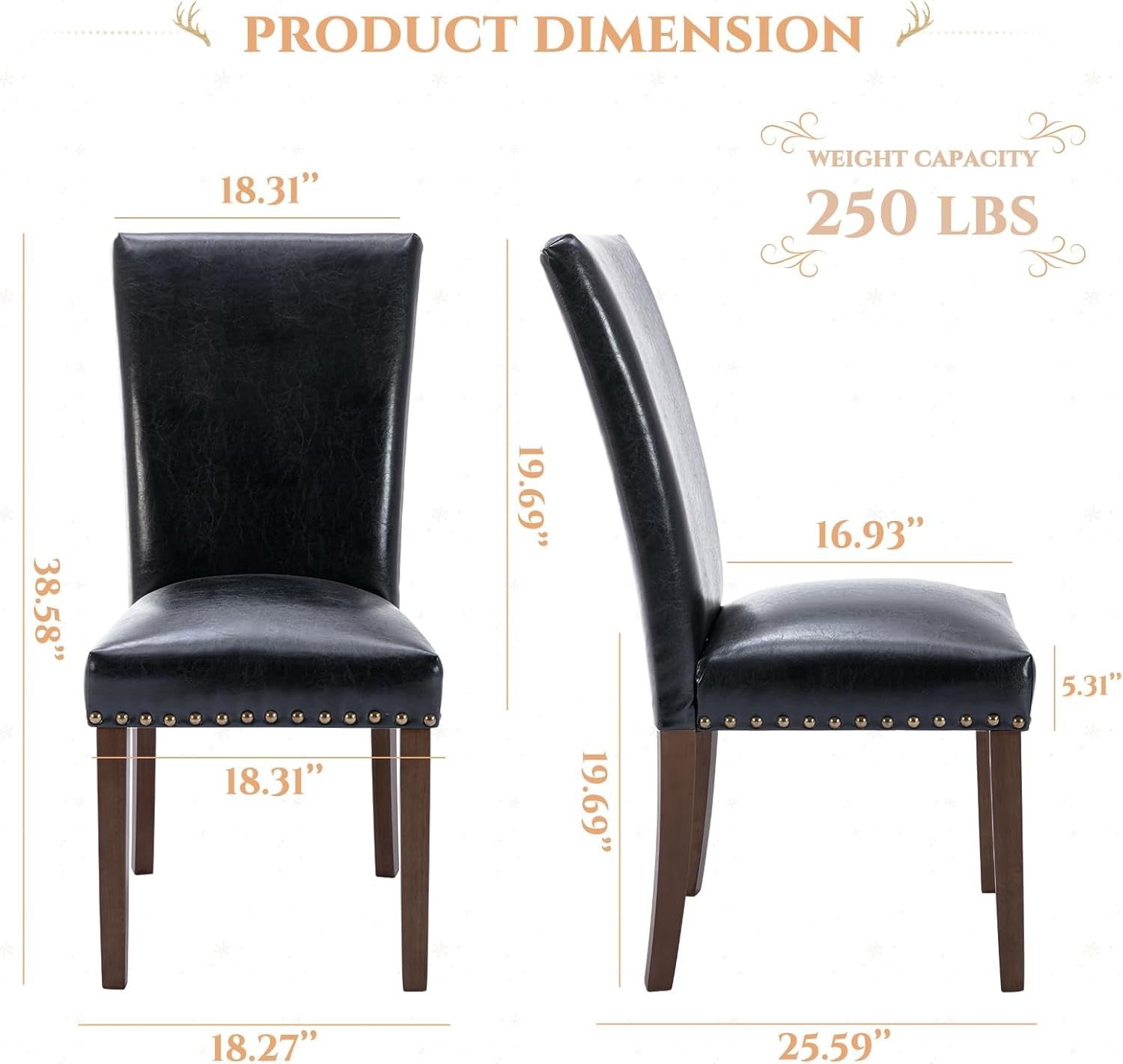 Parsons Dining Chairs Set of 4, Upholstered Nailhead PU Leather Dining Room Kitchen Side Chair with Thick Cushions and Wood Legs, Black-1