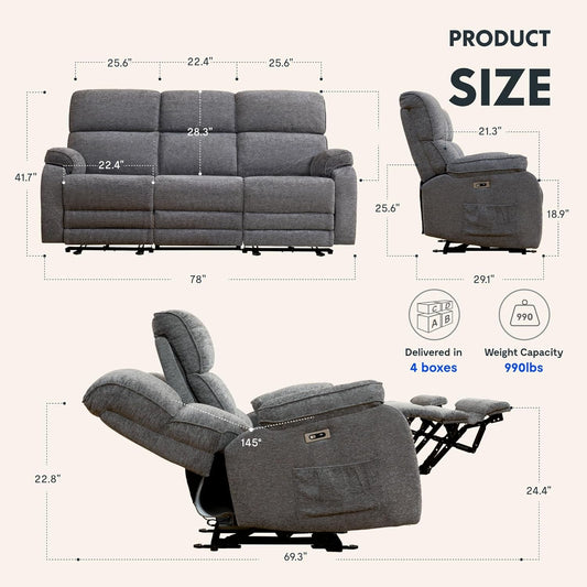 FLEXISOPT Power Recliner Sofa Couch, Electric Recliner Sofa W/Massage & Heat, Charging Ports, Cup Holders, Zero Gravity Home Theater Seating Couch for Living Room, Dim Grey (XS4)-1