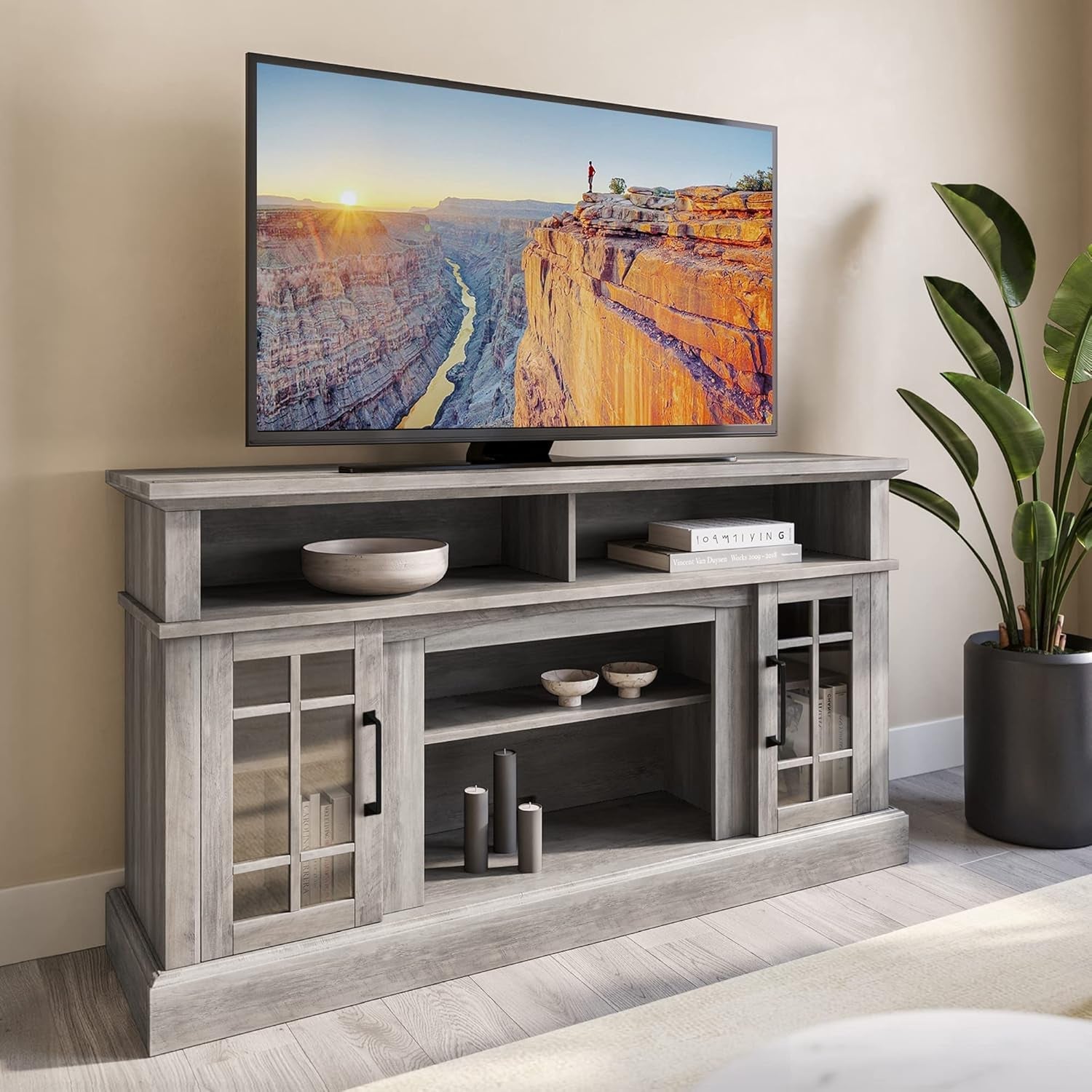 Traditional 58 Inch Rustic Wood TV Stand & Media Entertainment Center Console Table for Tvs up to 65 Inches with Open Storage Shelves & Cabinets - Astorga (Gray Wash)-1