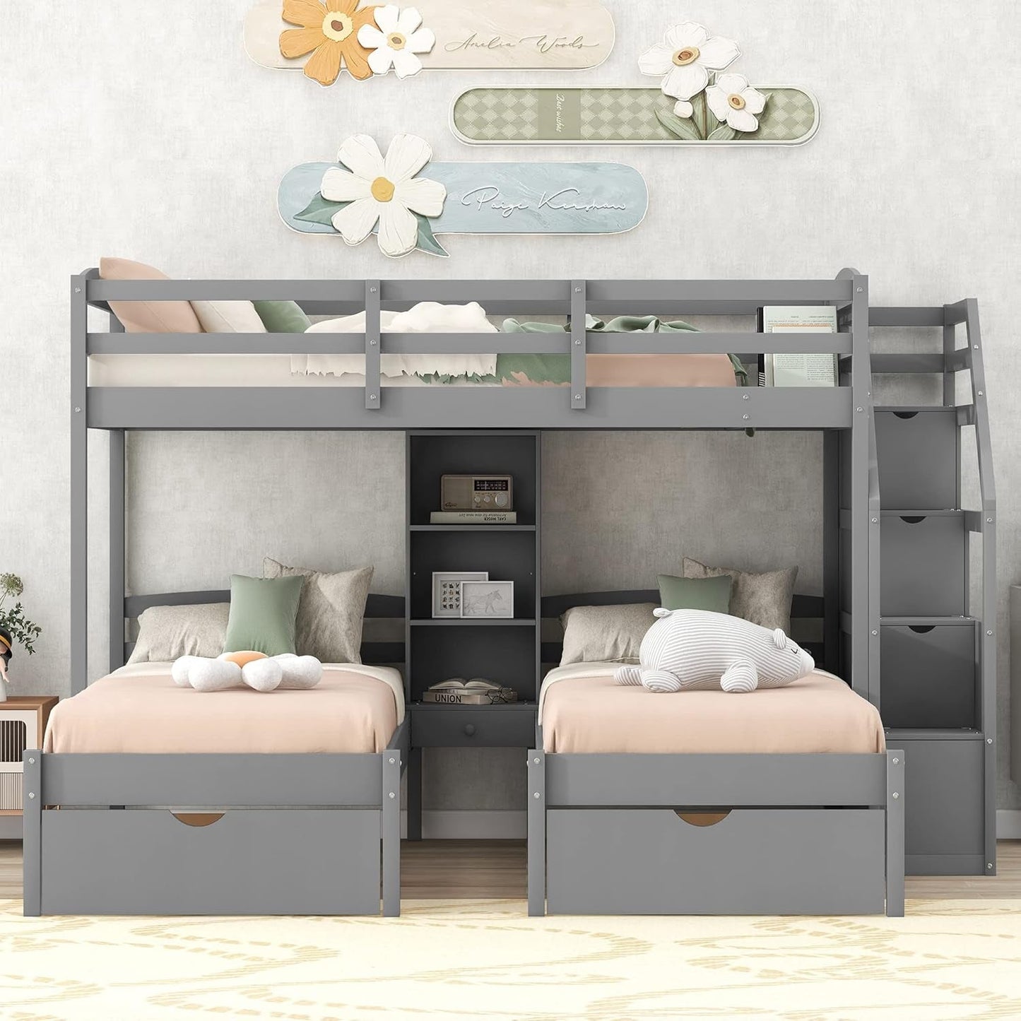 Triple Bunk Bed with Stairs, Twin over Twin & Twin Bunk Bed for 3, Triple Bunk Bed with Drawers, Staircase with Storage, Built-In Shelves, for Kids Teens Adults (Gray)-0