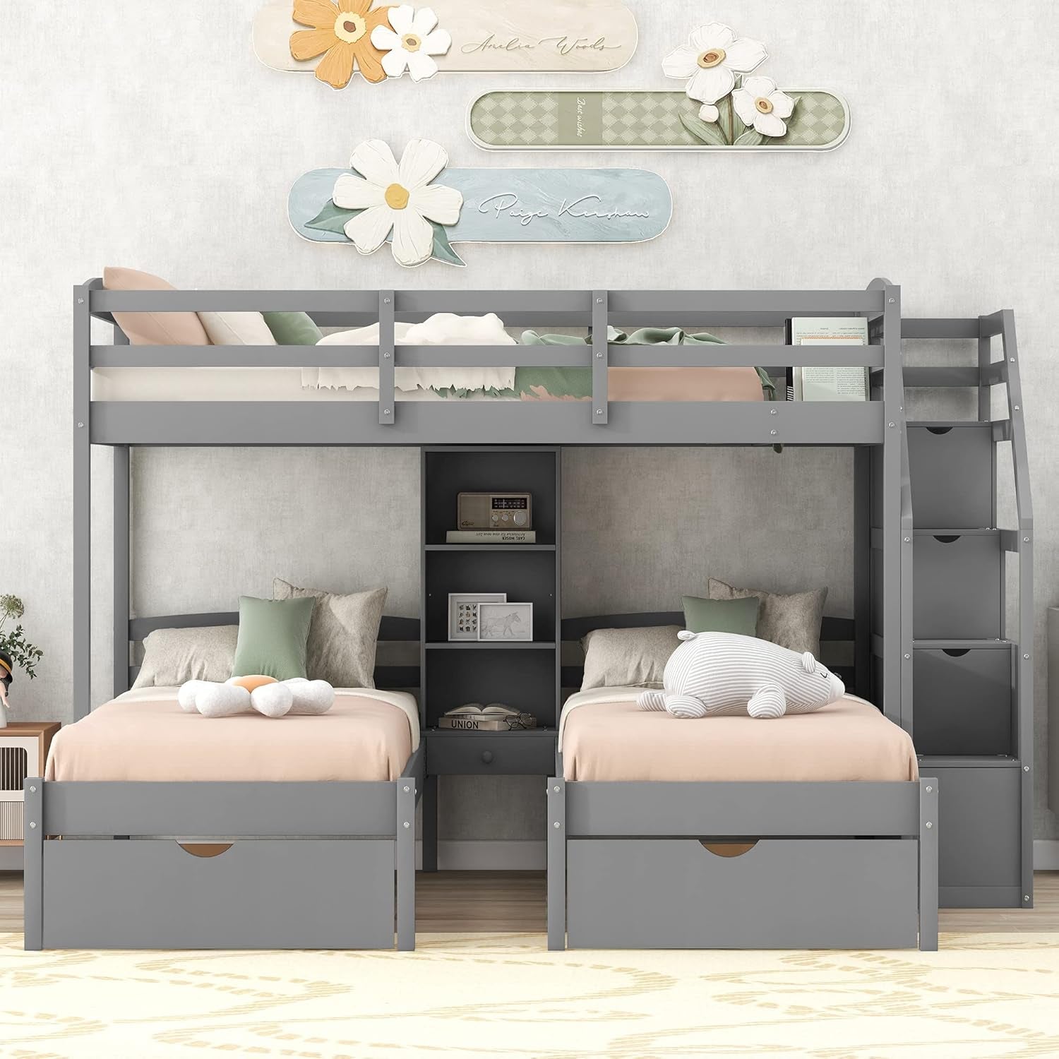 Triple Bunk Bed with Stairs, Twin over Twin & Twin Bunk Bed for 3, Triple Bunk Bed with Drawers, Staircase with Storage, Built-In Shelves, for Kids Teens Adults (Gray)-0