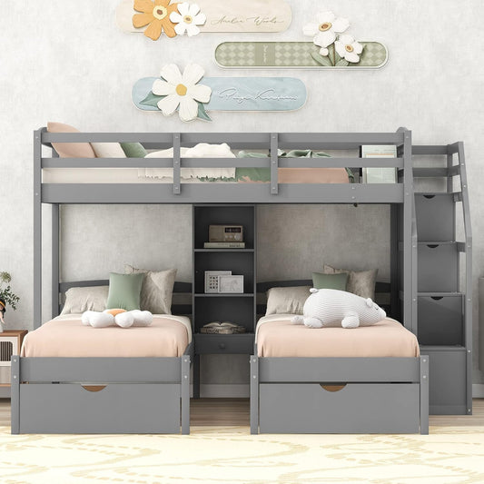 Woodentriple Bunk Beds with Stairs & Storage Drawers,Twin over Twin Bunk Bed for 3 Kids,3 Bunk Beds Frame with Built-In Shelves for Kids,Teens,Adults,No Box Spring Needed,Gray-0