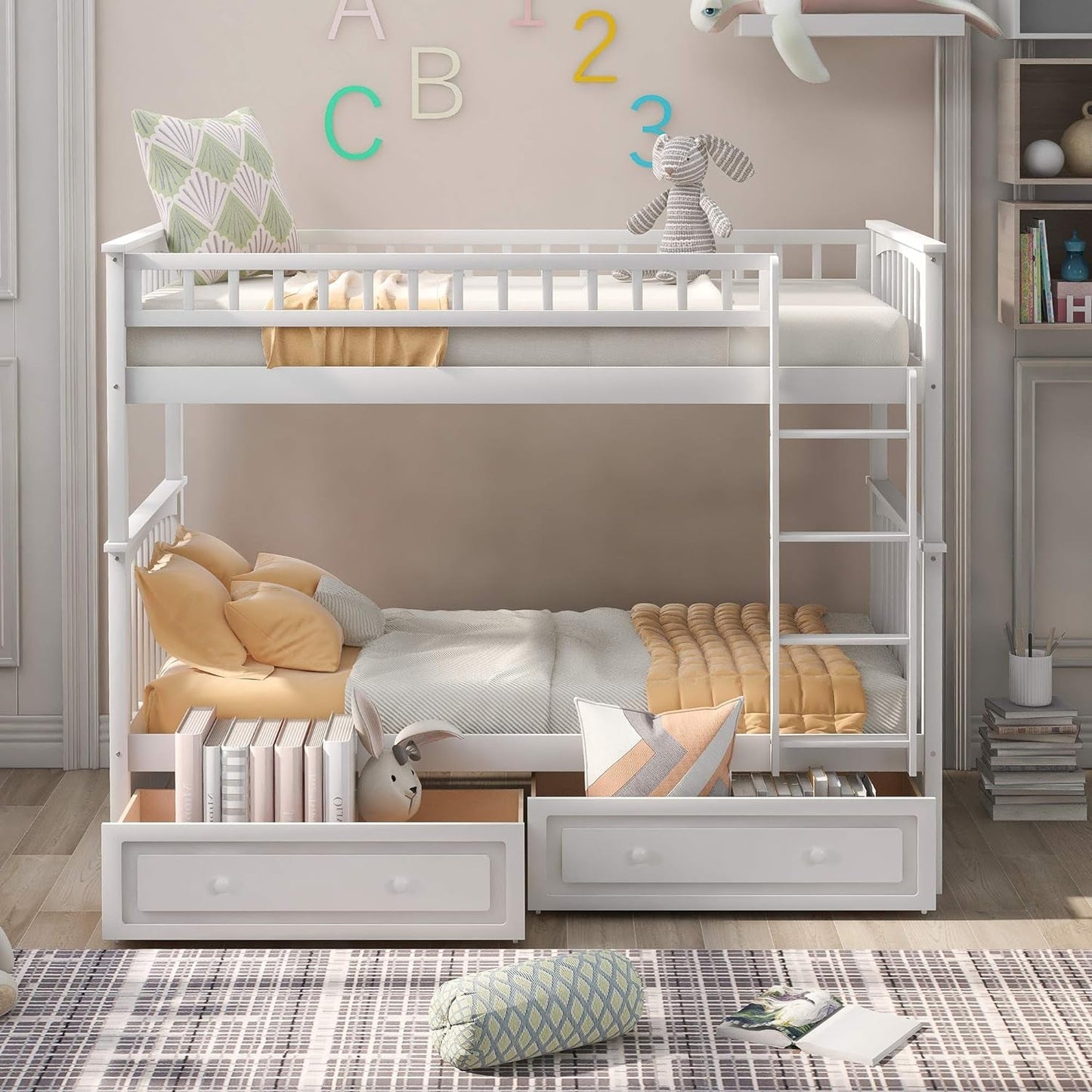 Harper & Bright Convertible Wood Twin-Over-Twin Bunk Bed with Storage Drawers and Ladder - Can Be Divided into Two Daybeds (White)-2