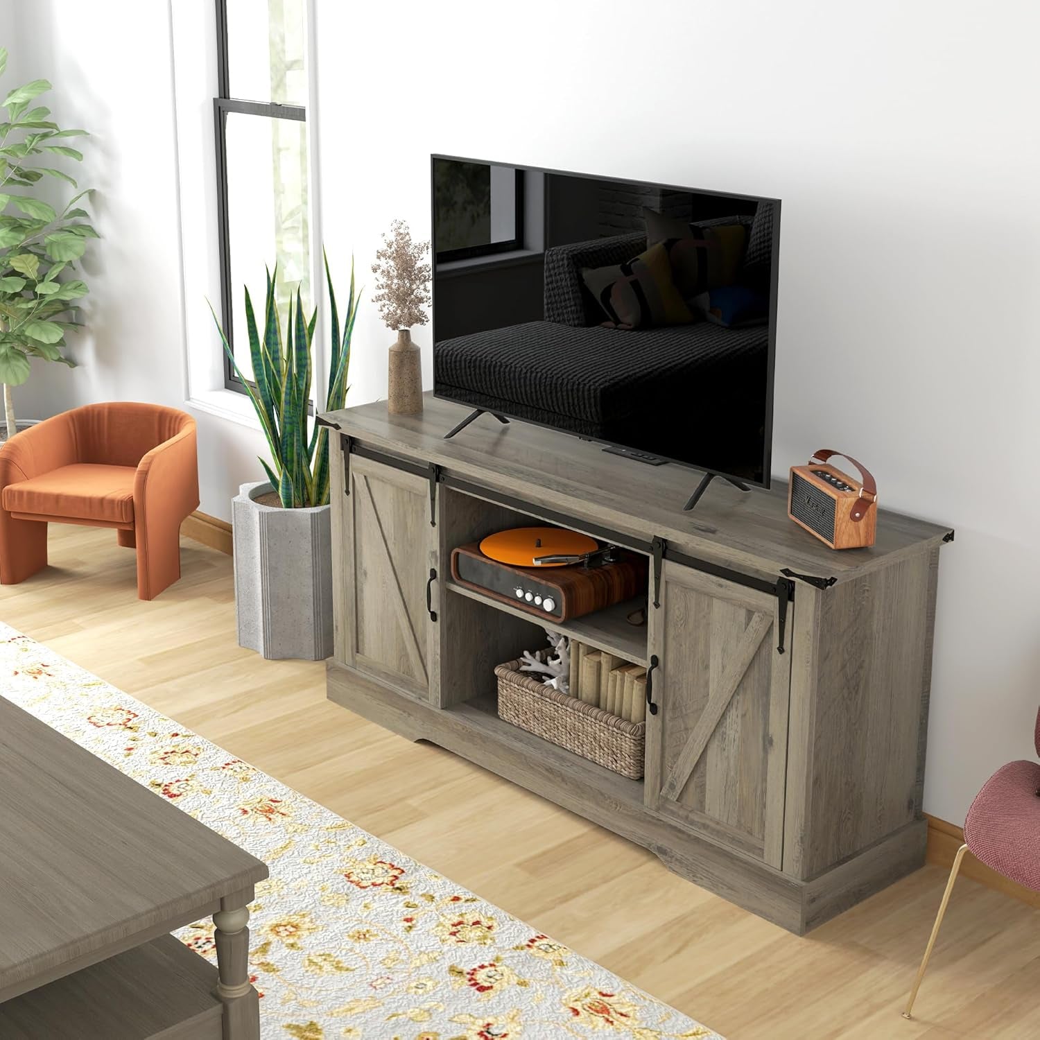 TV Stand Cabinet for Tvs up to 65 Inch, Entertainment Center with Charging Station, 59" Farmhouse Media TV Console Table with Sliding Barn Doors, Adjustable Shelves, Gray-1