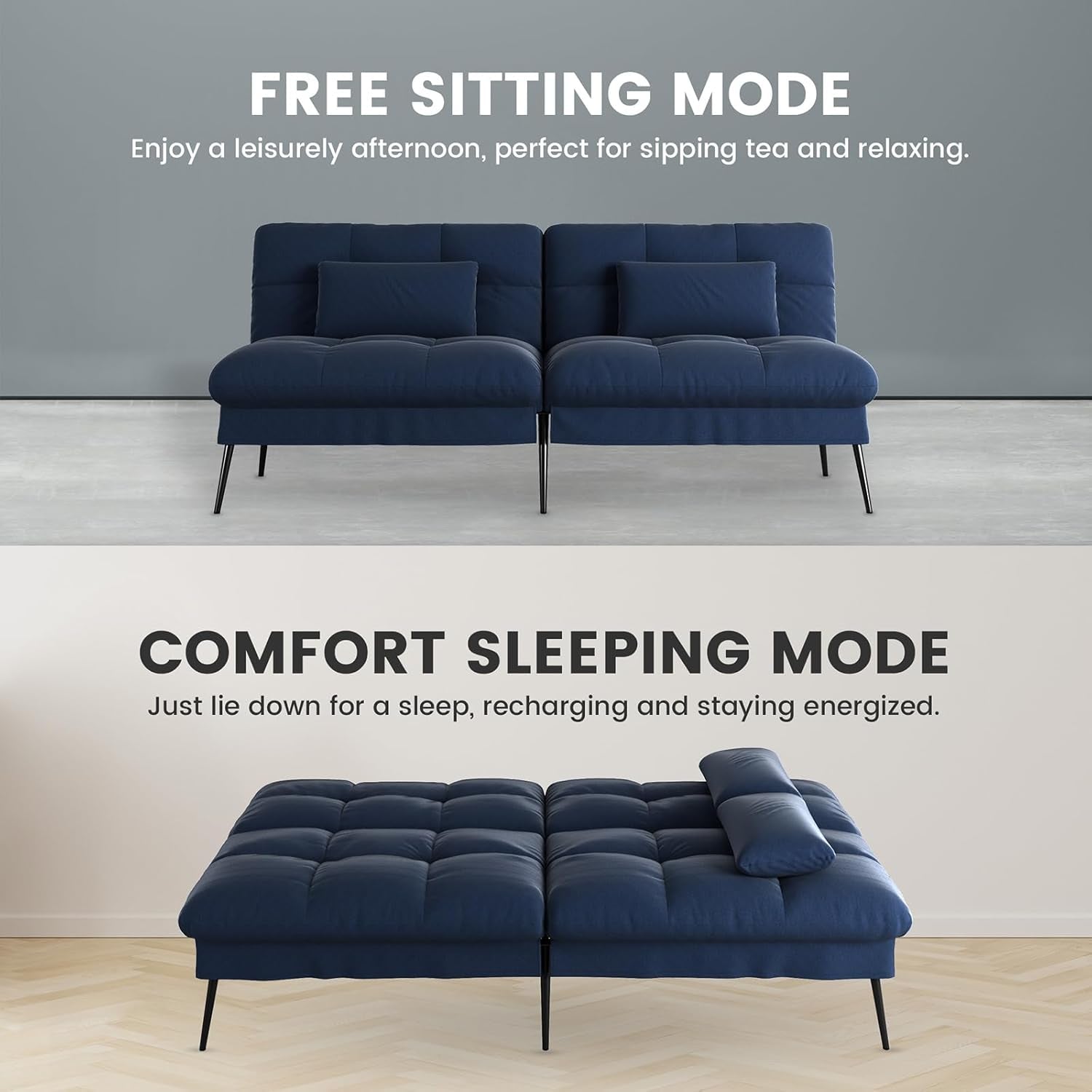 Convertible Futon Sofa Bed, 68″Fabric Futon Couch with Adjustable Backrest, Folding Futon Sleeper Recliner for Living Room Furniture (Drak Blue)-2