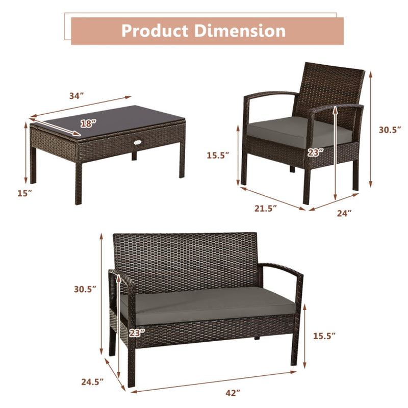 4 Pieces Patio Rattan Cushioned Furniture Set with Loveseat and Table-2