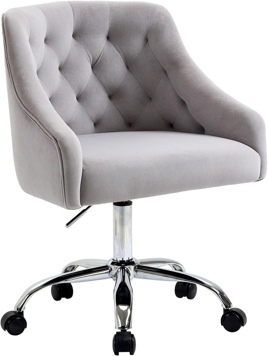 Velvet Office Swivel Chair, Vanity Chair, Fabric Desk Chair, Pretty Fancy Chair, Gold Office Chair for Girls, 360°Swivel Height Adjustable Reception Chair (Grey)-0