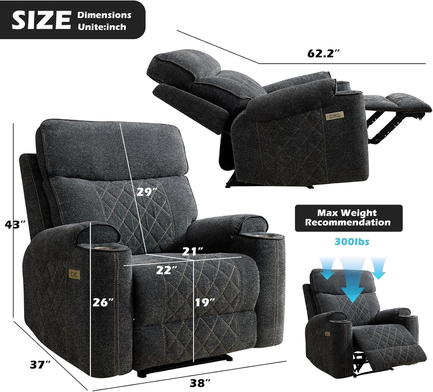 Classic Power Recliner Sofa with Cup Holders and Double Layer Backrest-1