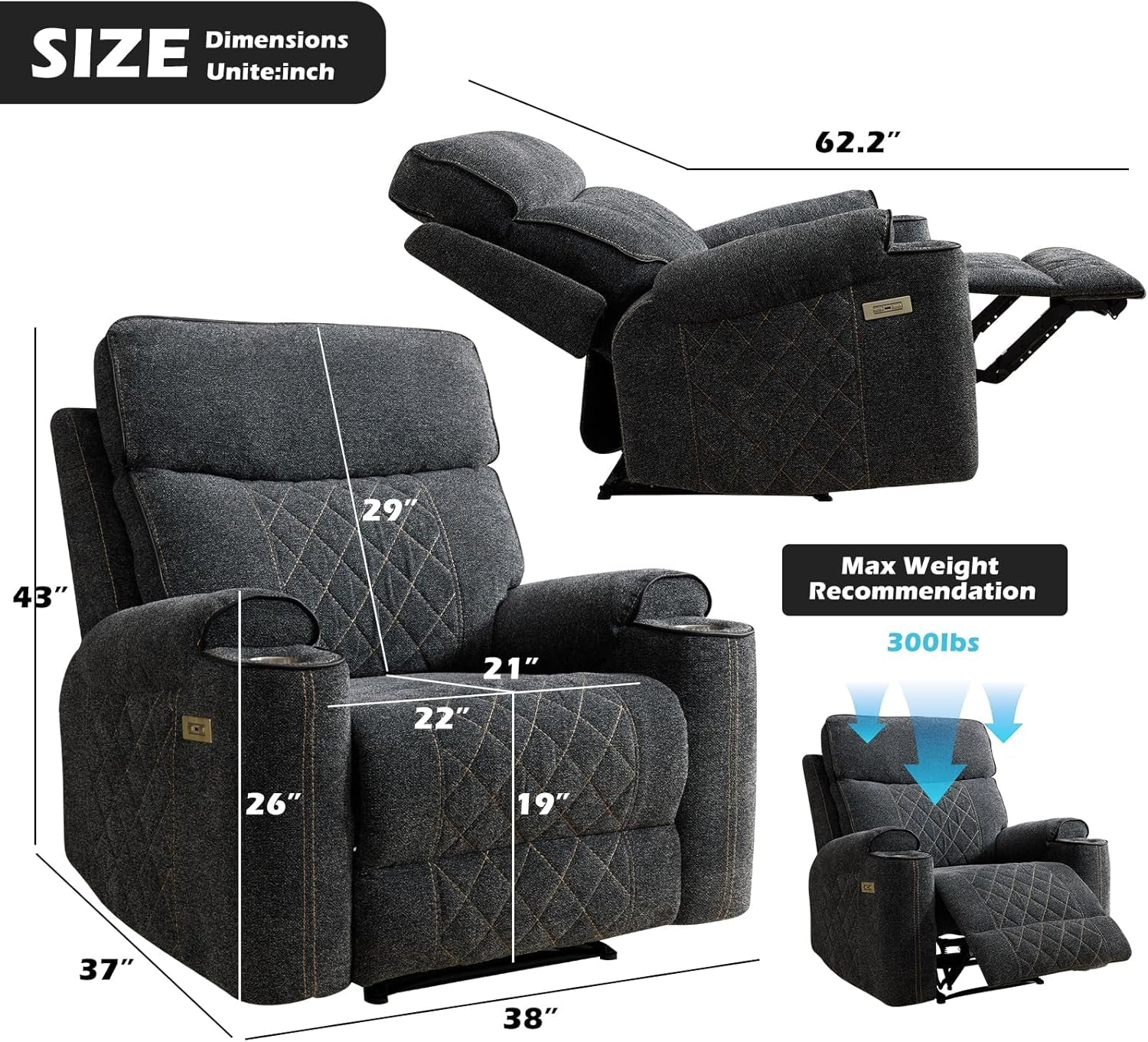 Classic Power Recliner Sofa with Cup Holders and Double Layer Backrest-1