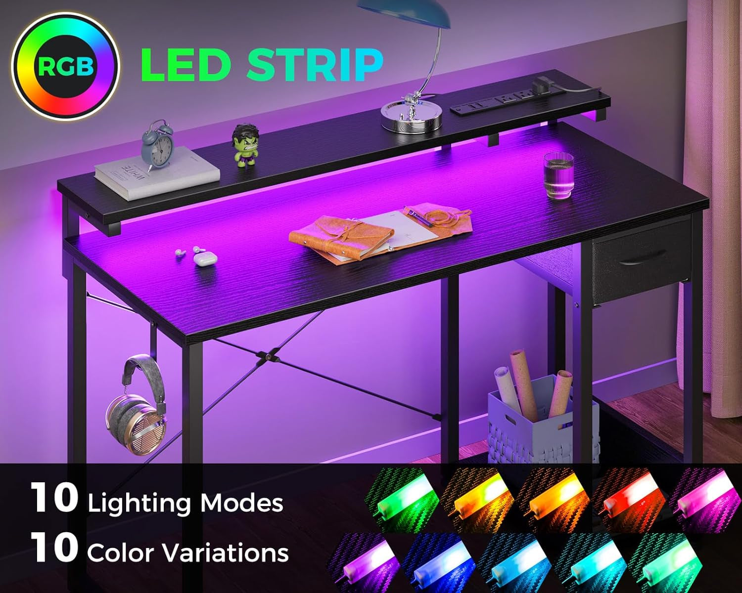 Gaming Desk with LED Lights & Power Outlet, 40 Inch Computer Desk with Drawer, Reversible Desk with Adjustable Monitor Shelf & Headphone Hook for Home Office, Black-4