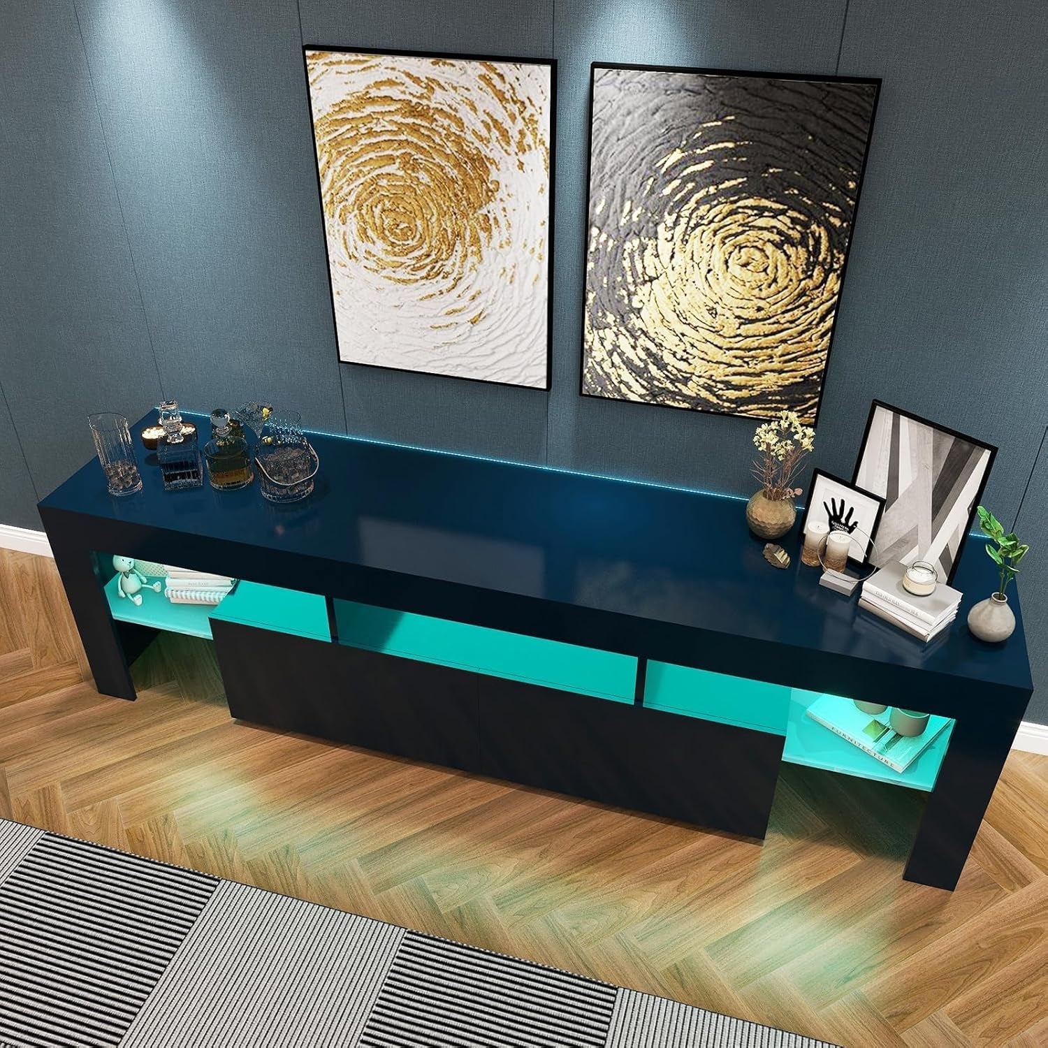 Black TV Stand, 60 65 70 75 Inch Wood TV Stand, High Glossy Entertainment Center with Large Drawers＆Glass Display Shelf, LED Modern Media Gaming Cabinet TV Console for Livingroom, Bedroom-2