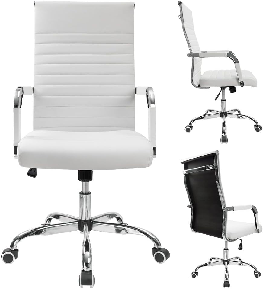 Ribbed Office Desk Chair Mid-Back PU Leather Executive Conference Task Chair Adjustable Swivel Chair with Arms (White)-3