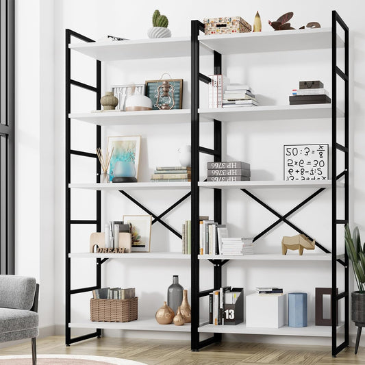 2 Pieces 5 Tiers Bookshelf, Classically Tall Bookcase Shelf, Industrial Book Rack, Modern Book Holder in Bedroom/Living Room/Home/Office, Storage Rack Shelves for Books/Movies-White-0