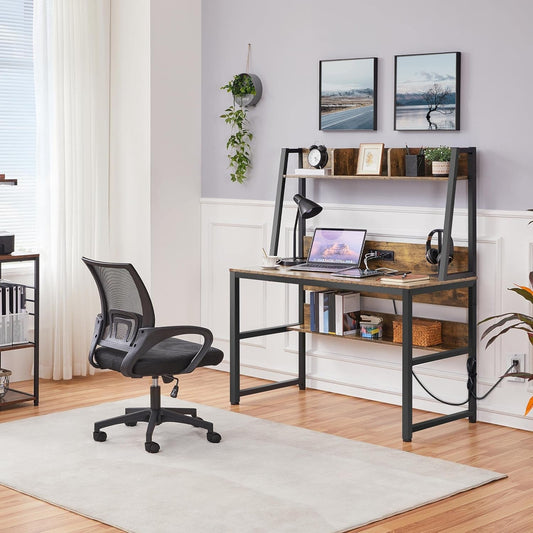 47 in Modern Computer Desk with Power Outlets and 2 USB Ports, Home Office Study Writing Desk with Hutch and Bookshelf, Large Workstation Gaming Table with Charging Station, Rustic Brown-1