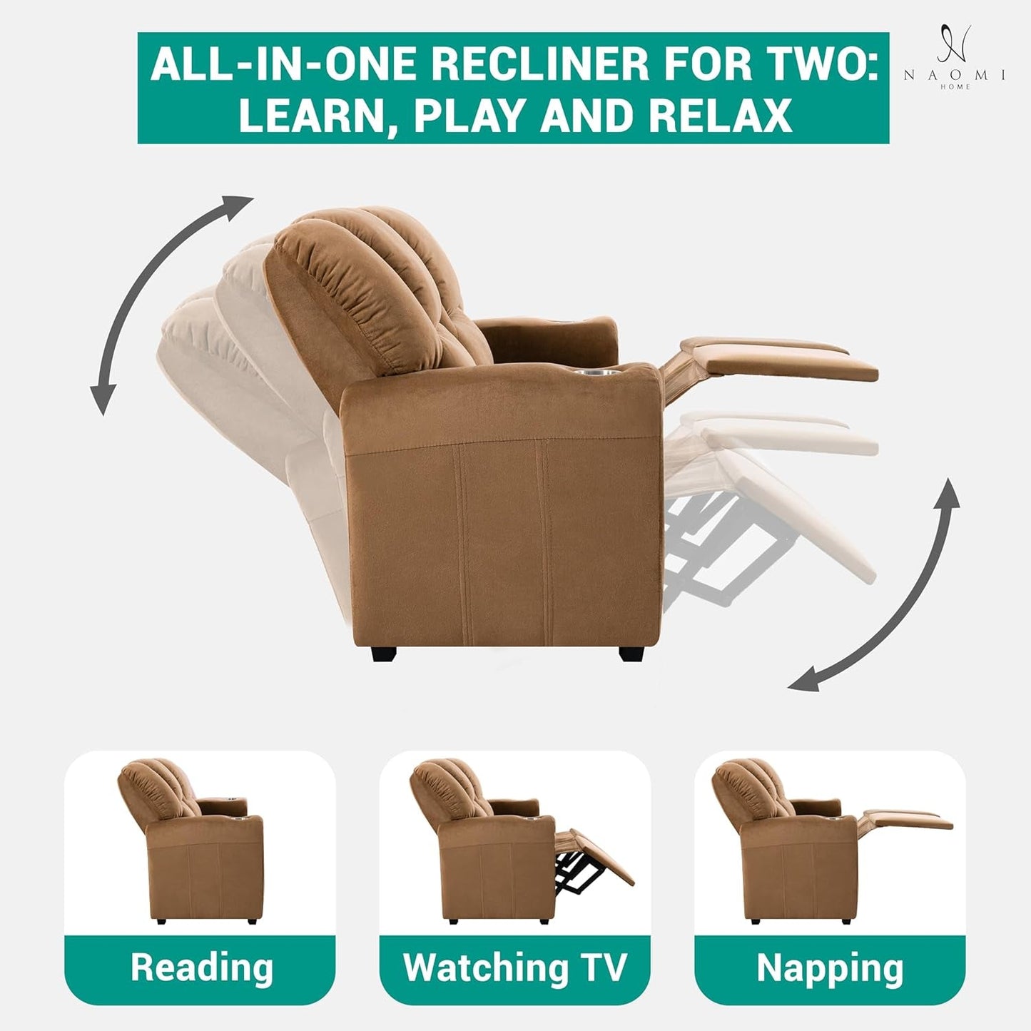 Suri Kids Recliner Loveseat – Spacious Toddler Recliner Chair Ages 3-5 with Cup Holders, Push-Back Function, and Adjustable Footrest - Brown-2