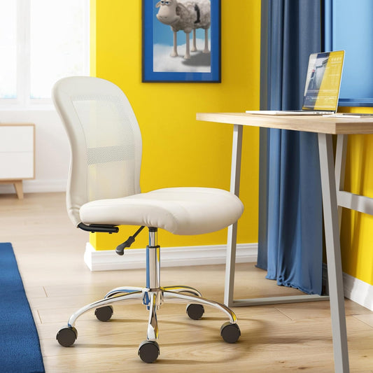 Essential Armless Deskchair, Small Task Chair with Wheels, Breathable Mesh Back, quality Foam Cushion Seat for Comfort, Functional, Lightweight and Versatile, Cream White-1