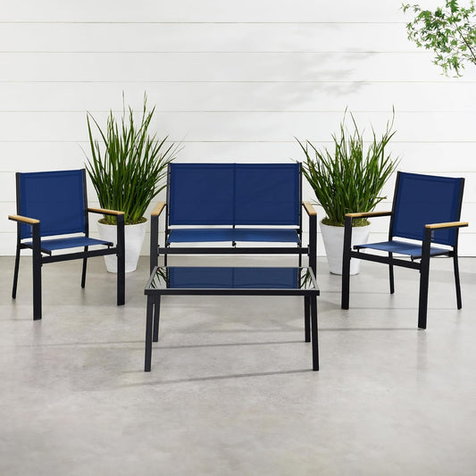 4-Piece Outdoor Textilene Patio Conversation Set, Backyard Furniture W/Loveseat, Coffee Table, Steel Frame - Black/Navy-0