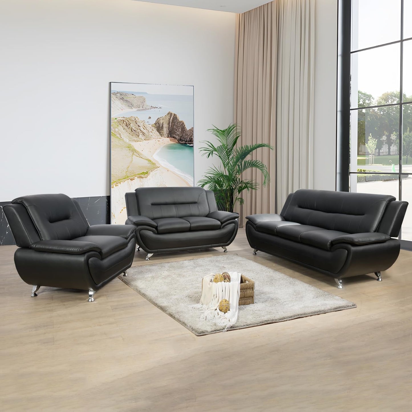 Living Room Furniture Set, Faux Leather Sofa Couch Set, 3 Pieces Modern Sofa Set for Living Room/Apartment/Office (Black)-0