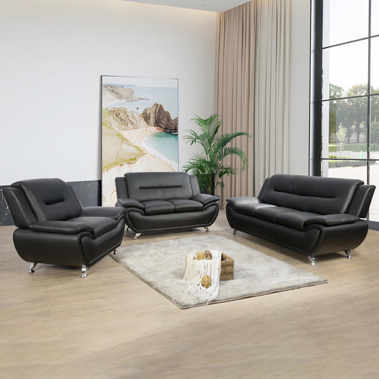 Living Room Furniture Set, Faux Leather Sofa Couch Set, 3 Pieces Modern Sofa Set for Living Room/Apartment/Office (Black)-0