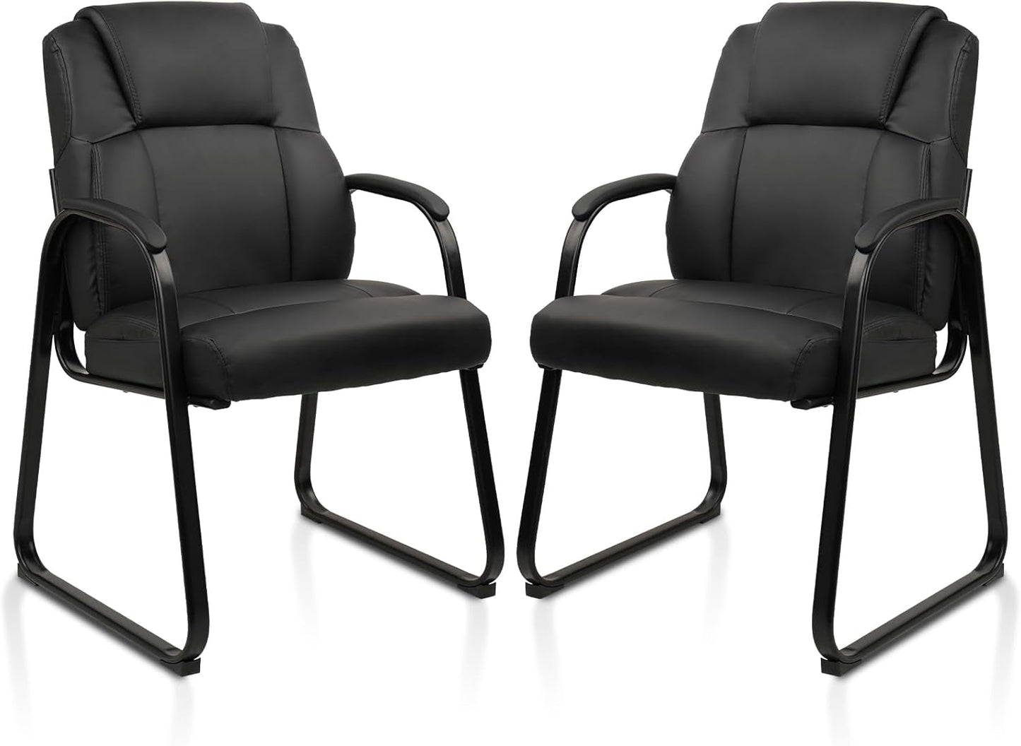 Black Leather Guest Chairs, Padded Arms, Sled Base, 2-Pack-1