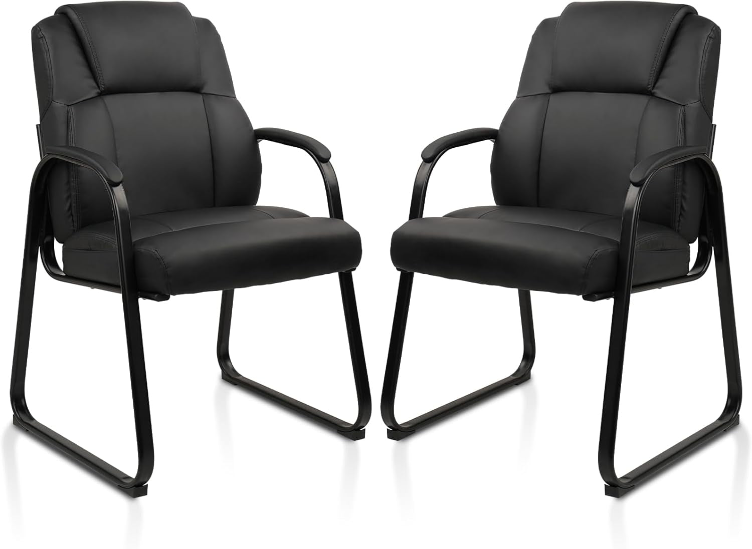 Black Leather Guest Chairs, Padded Arms, Sled Base, 2-Pack-1