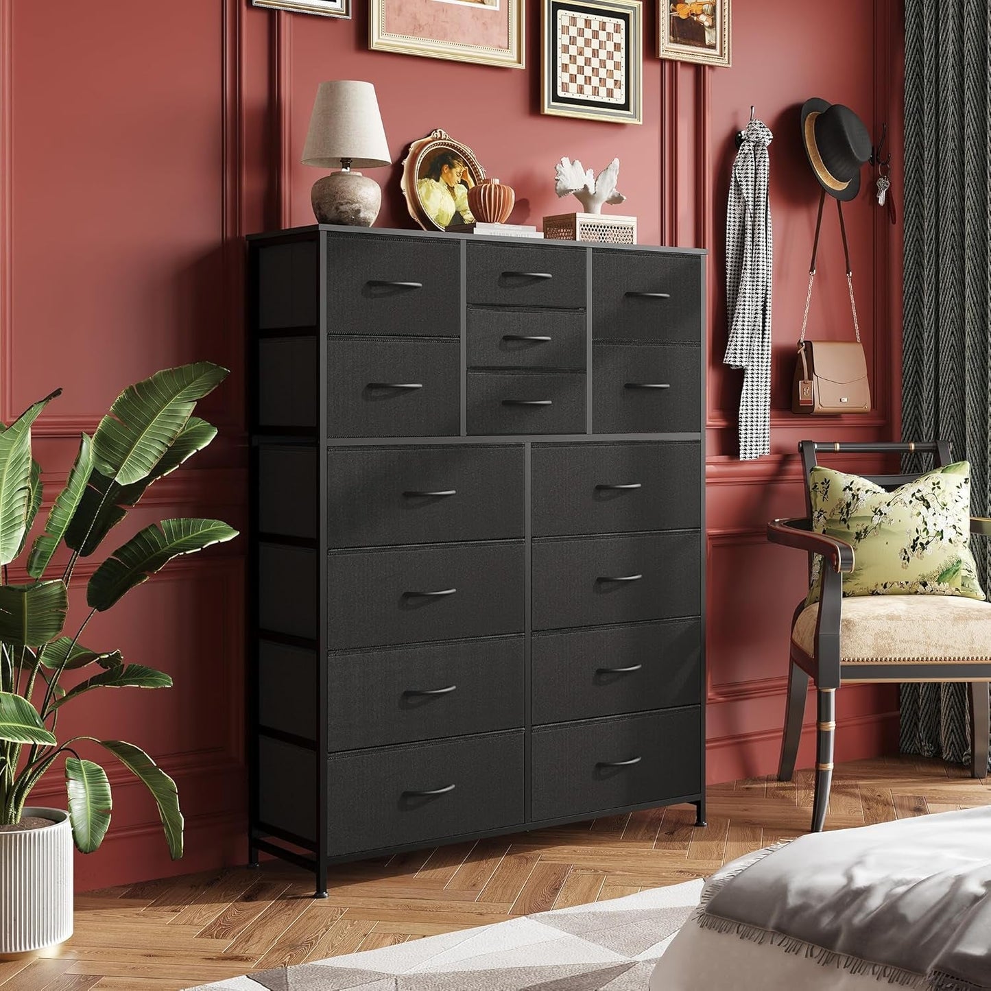 Tall Black Dresser for Bedroom Furniture, Fabric Dressers Storage Tower with 15 Deep Drawers, Dresser for Closet, Hallway, Entryway, Office, Storage Tower with Cabinet, Metal Frame, Wooden Top-1