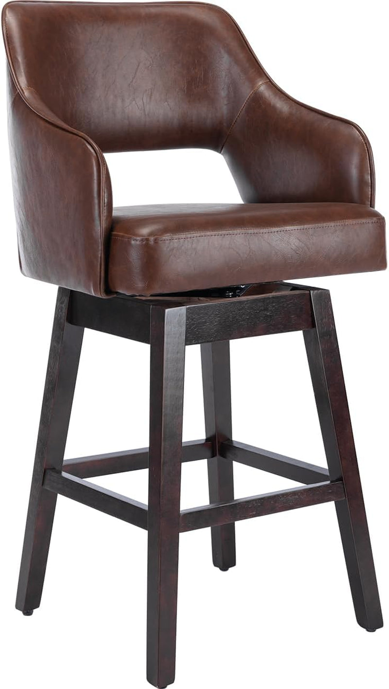 28" PU Leather Counter Height Bar Stool Swivel Farmhouse Bar Stool with Wood Legs Open Back Footrest for Kitchen Island, Brown-0