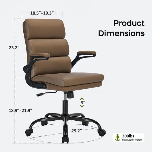 Office Chair Adjustable Desk Chair Mid Back Executive Comfortable Bonded Leather Ergonomic Back Support Home Computer Chair with Padded Flip-Up Armrest Swivel Wheels (Tan)-1