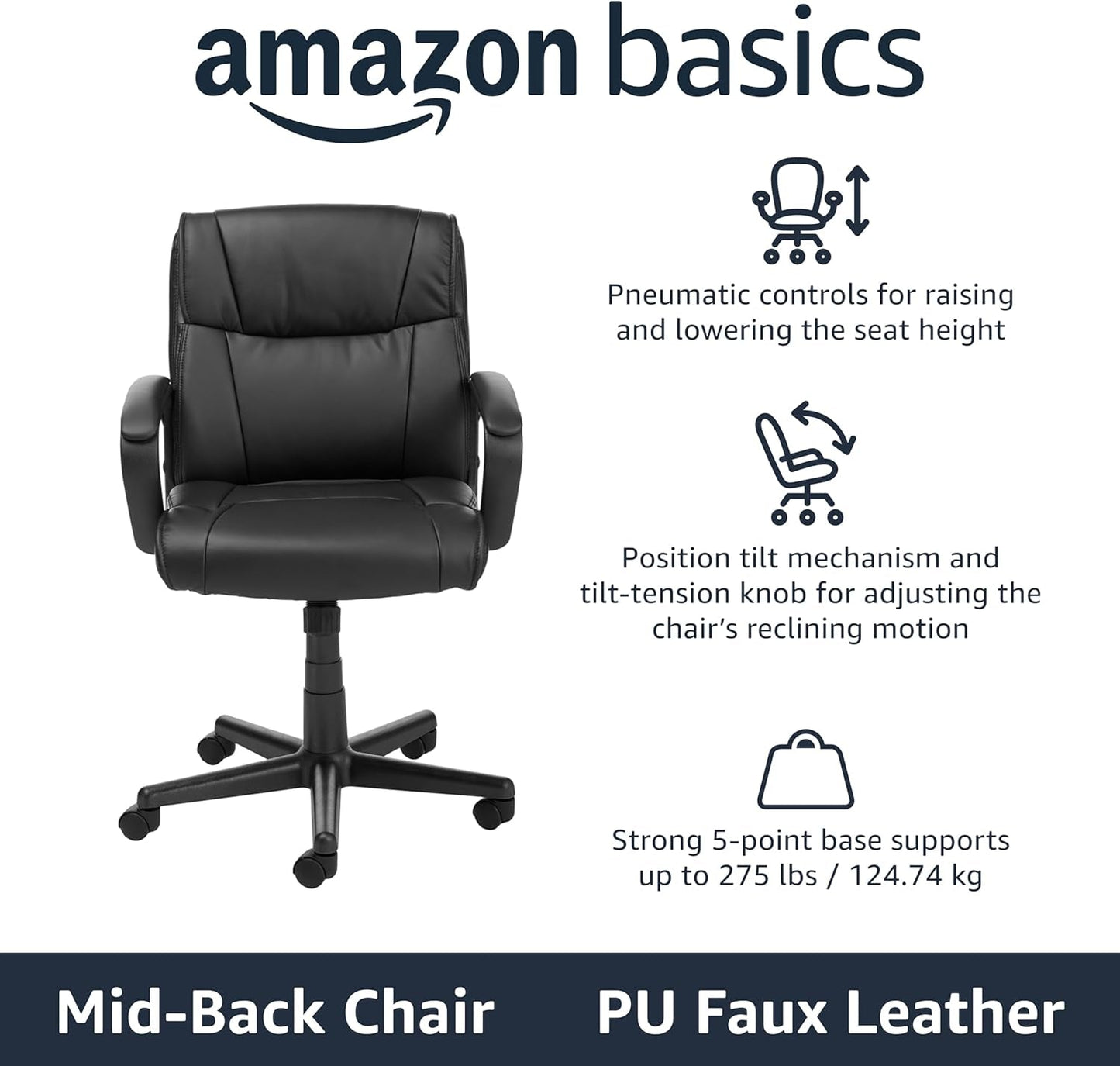 Office Computer Task Desk Chair with Padded Armrests, Mid-Back, Adjustable, 360 Swivel, Rolling, 275 Pound Capacity, BIFMA Certified, 24.2"D X 24"W X 34.8"H, Black Faux Leather-3
