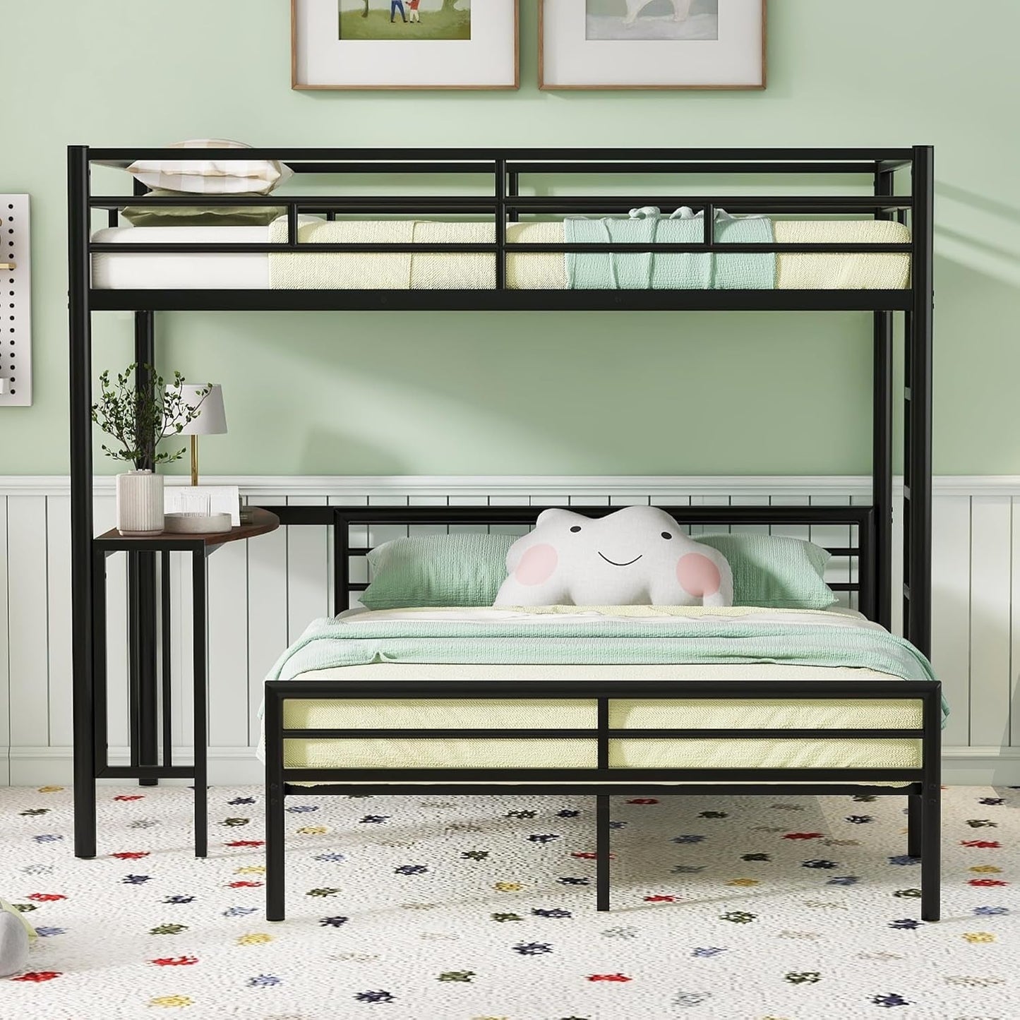 Metal Twin over Full Bunk Bed Frame with Desk, Loft Platform Mattress Foundation with Steel Slat Support Storage Space-2
