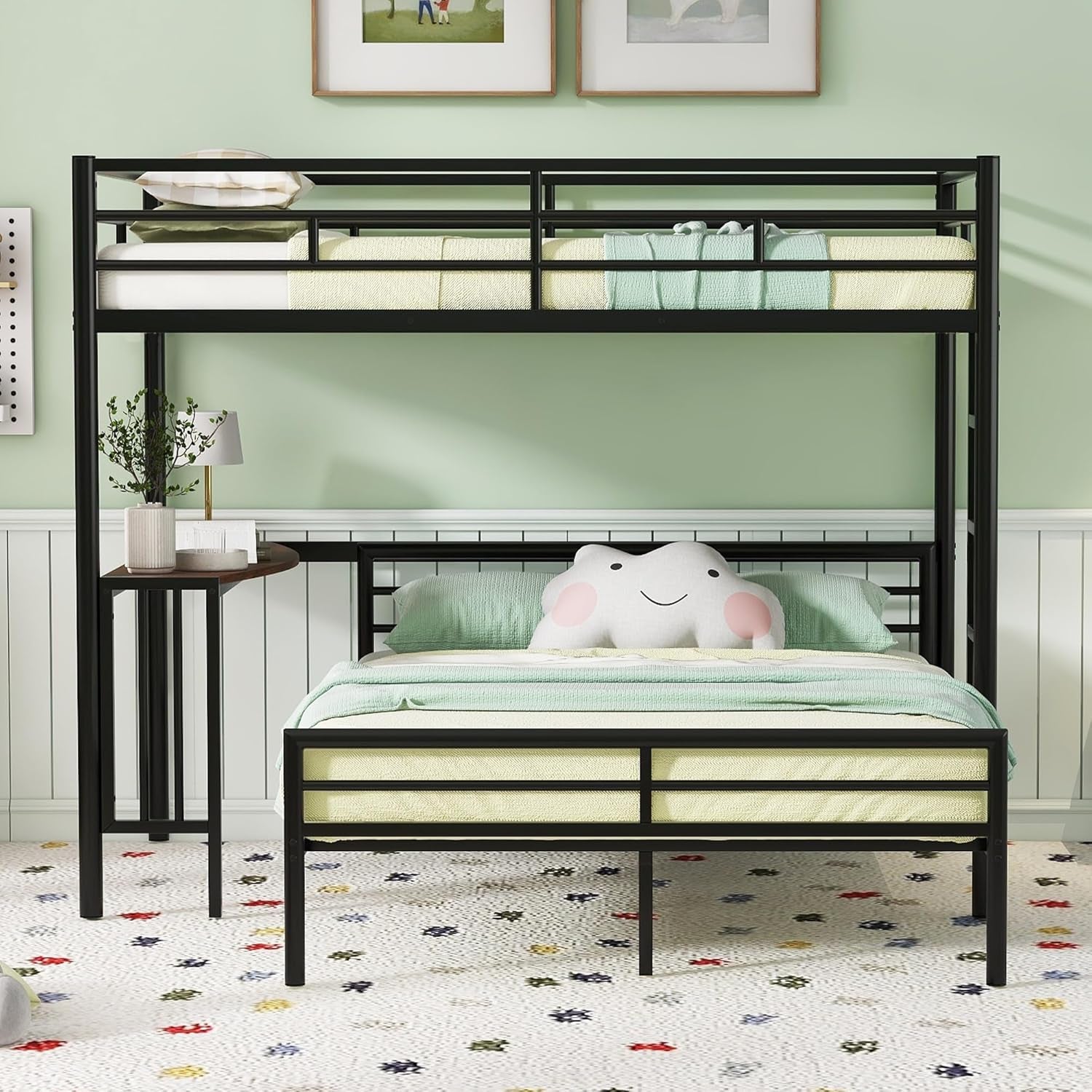 Metal Twin over Full Bunk Bed Frame with Desk, Loft Platform Mattress Foundation with Steel Slat Support Storage Space-2