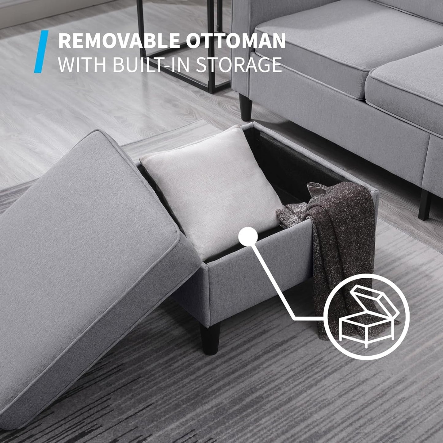 Convertible Sofa Set | Linen Upholstered Sectional Sofa with Storage Ottoman | Modern Living Room Couch with Side Pockets (Light Grey)-3
