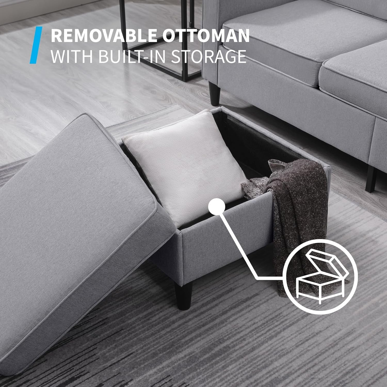 Convertible Sofa Set | Linen Upholstered Sectional Sofa with Storage Ottoman | Modern Living Room Couch with Side Pockets (Light Grey)-3