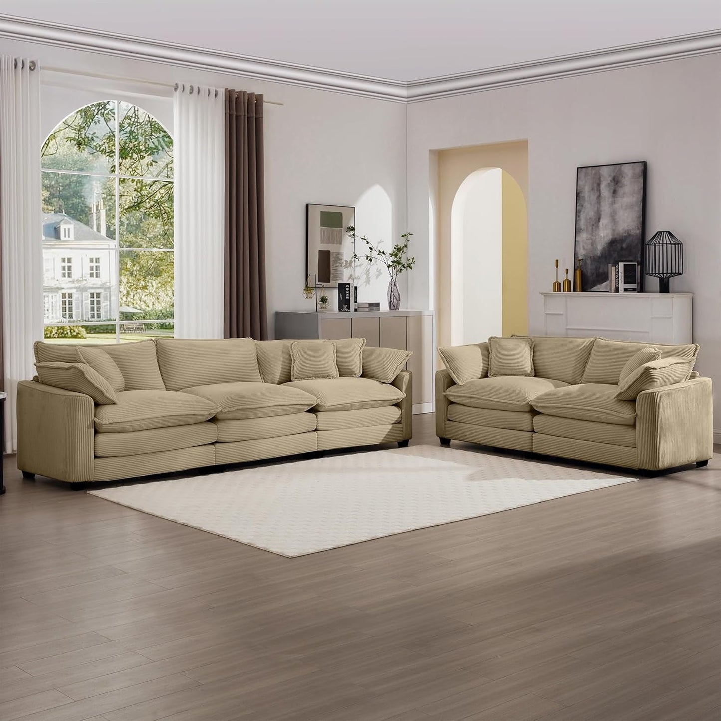 Oversized 2 Piece Sofa Set for Living Room, 3-Seater & Loveseat Couch, Modular Sectional Deep Seat Corduroy Comfy Cloud Couches with 4 Armrest Pillows and 5 Toss Pillows, Camel-2