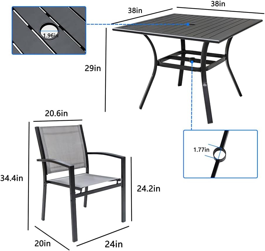 5 Piece Patio Dining Set,Outdoor Furniture 4 Textilene Chairs & 1 Square 38"X 38" Metal Slatted Table with 1.5" Umbrella Hole,Outside Porch Deck Balcony Backyard Set for 4-2