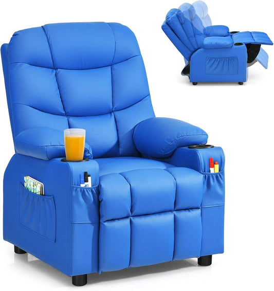 Kids Recliner Chair with Cup Holder, Adjustable Leather Lounge Chair W/Footrest & Side Pockets for Children Boys Girls Room, Ergonomic Toddler Furniture Sofa, Kids Recliner (Blue)-1