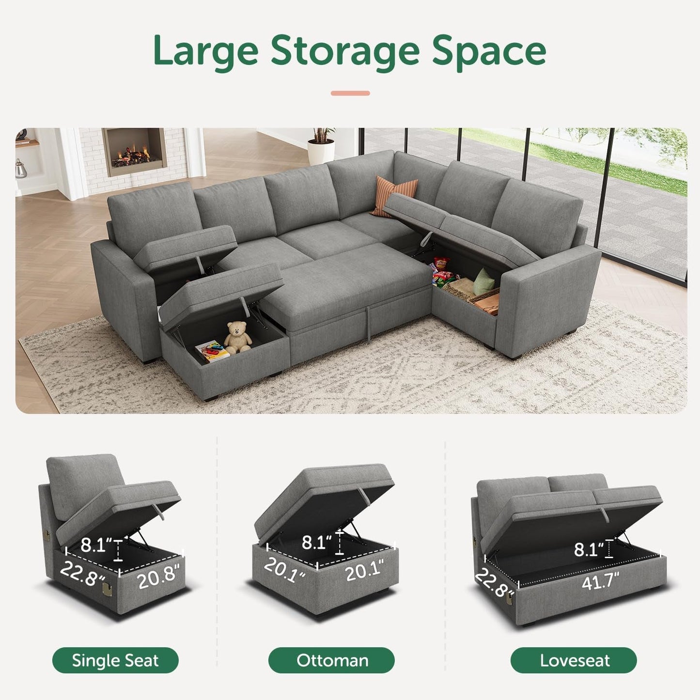 Modular Sectional Sleeper Sofa U-Shaped, Warm Grey-3
