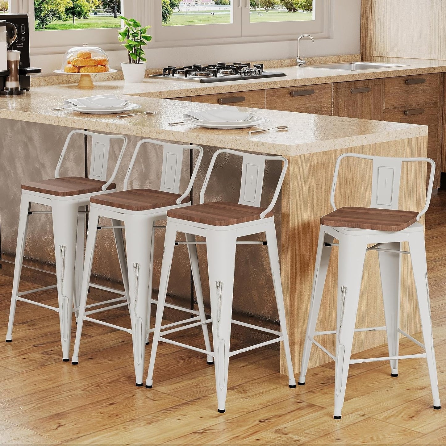 24" Swivel Metal Barstools Set of 4, Counter Height Bar Stools Industrial Bar Chairs with Modern Wooden Top-Low Back, Distressed White-2