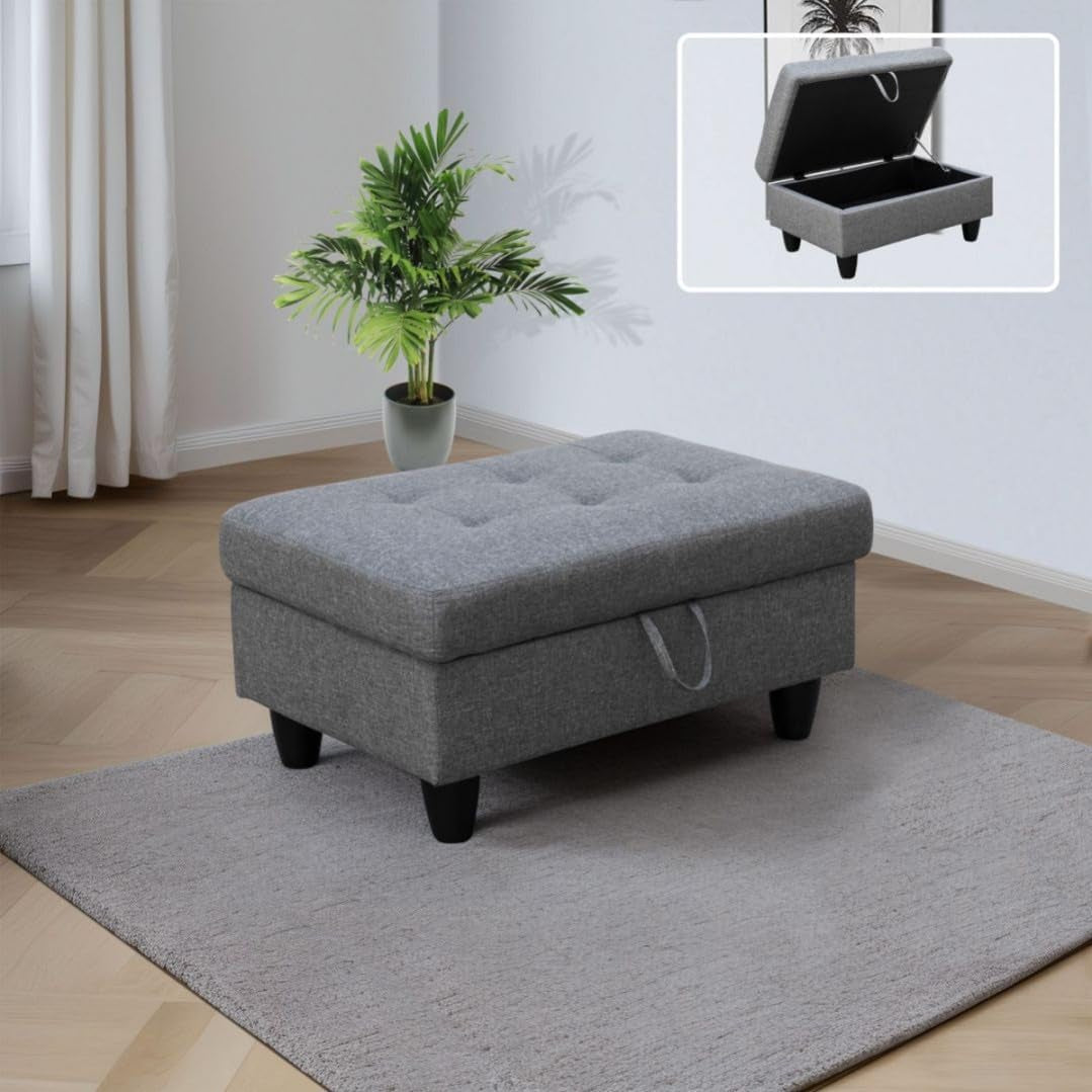 L-Shaped 3-Piece Linen Sofa with Storage Ottoman Set, Sectional Couch Sofa Set for Living Room, Office, Small Space, Grey-2