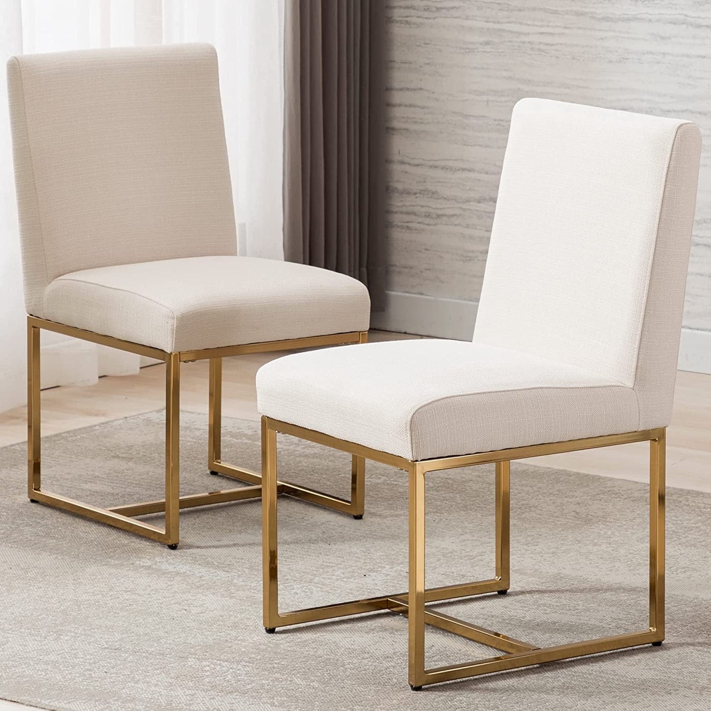 Set of 2 Mid Century Modern Dining Chairs, Cream, Golden Finish Metal Frame-2
