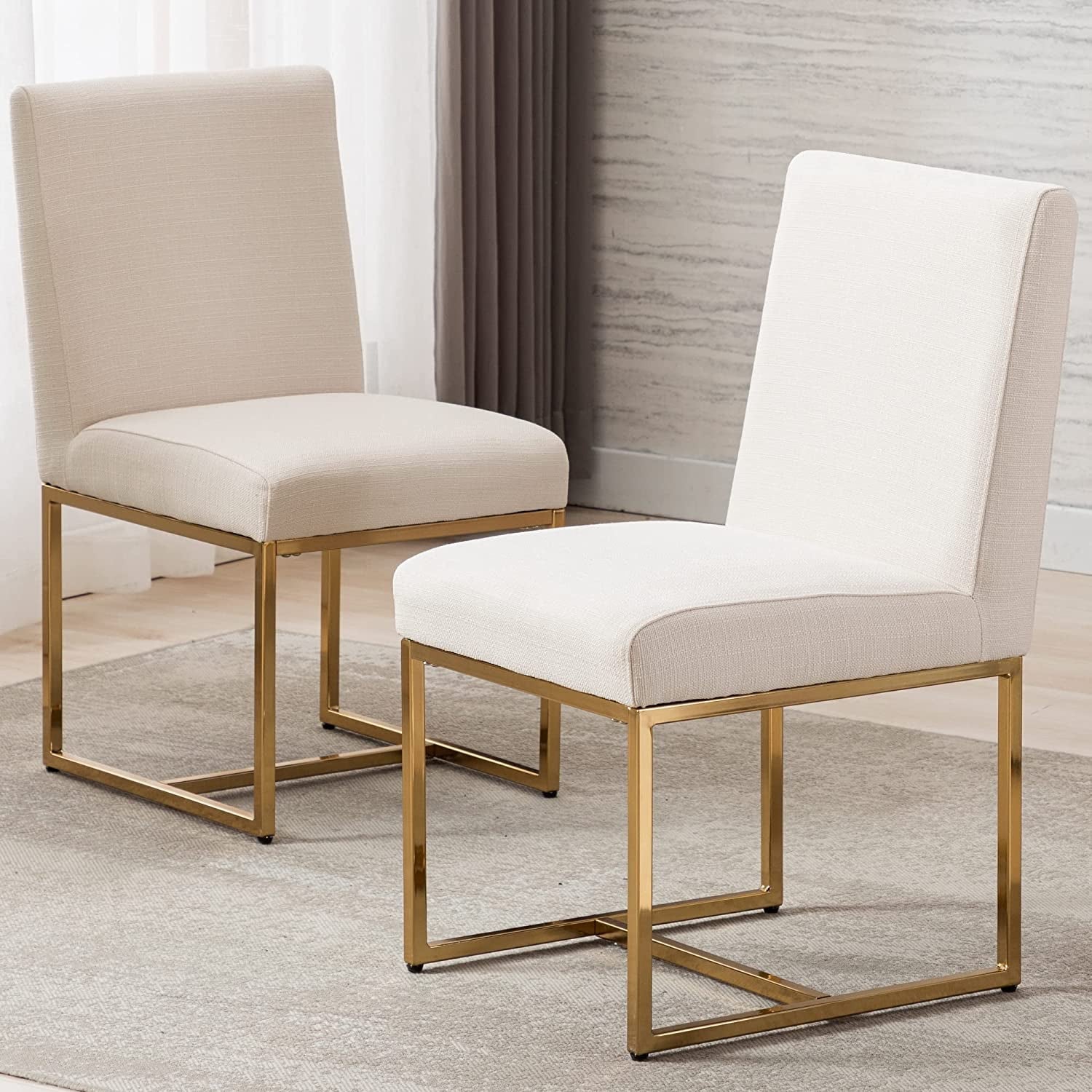 Set of 2 Mid Century Modern Dining Chairs, Cream, Golden Finish Metal Frame-2