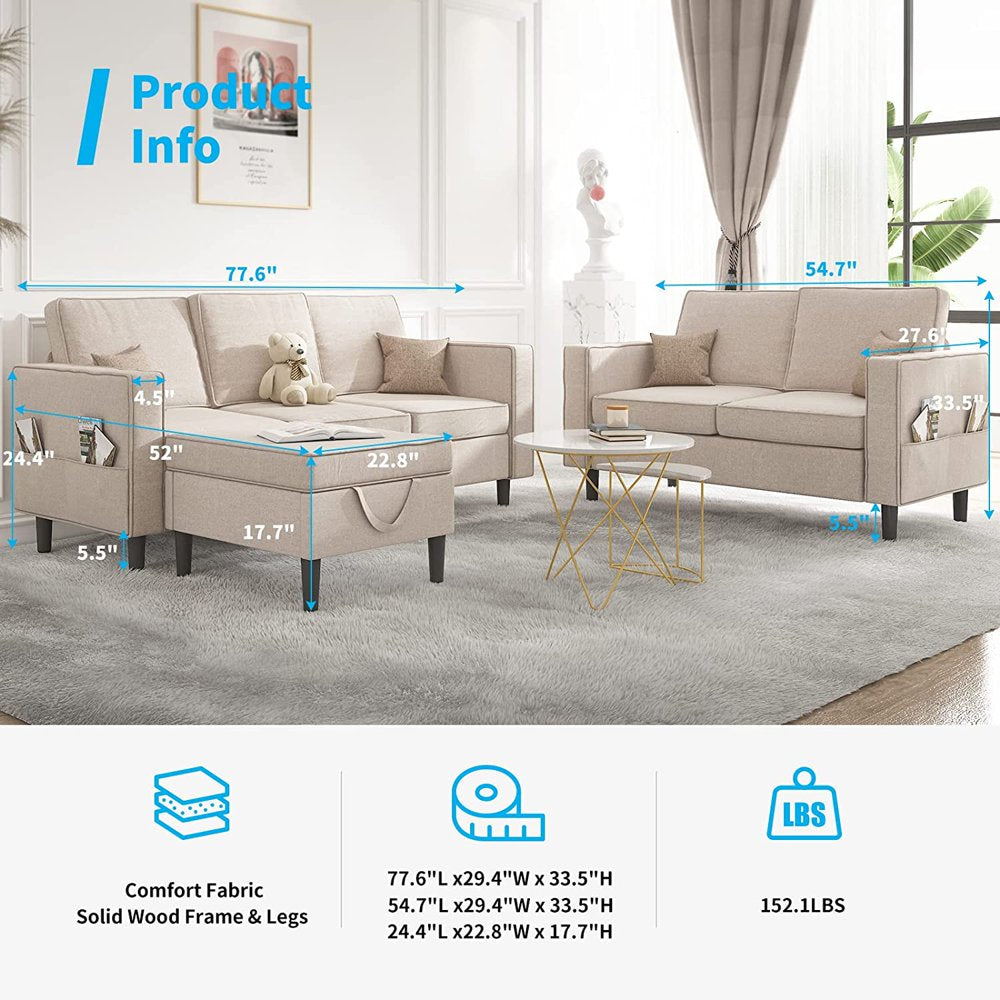 Convertible Sectional Sofa Couch with Storage Ottoman, 3 Pcs Couch Set with Storage Pockets, Sectional Couches for Living Room, 3-Seater + Ottoman + 1-Loveseat (Beige)-2