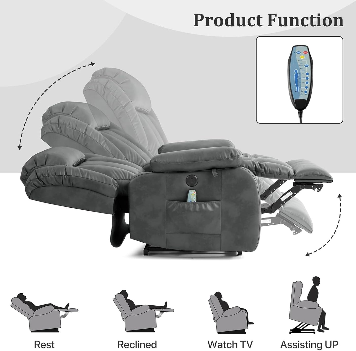 Dual Motor Large Power Lift Recliner Chair Recliners for Elderly, Infinite Position Recliner Chair with Heat and Massage, Breathable Leather(Gray)-3