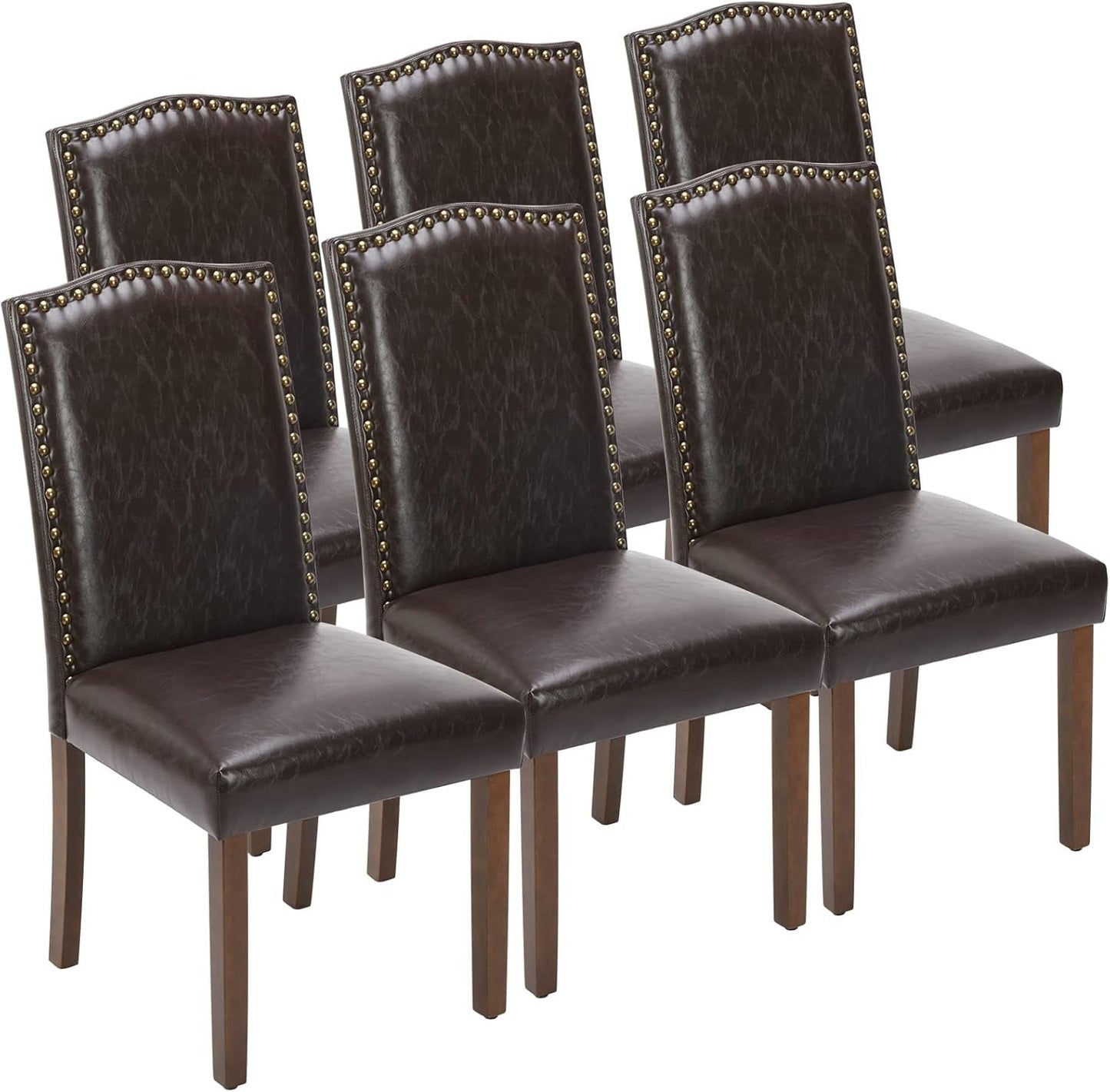 Upholstered Dining Chairs Set of 6, Modern Upholstered Leather Dining Room Chair with Nailhead Trim and Wood Legs, Mid-Century Accent Dinner Chair for Living Room, Kitchen, Dark Brown-0