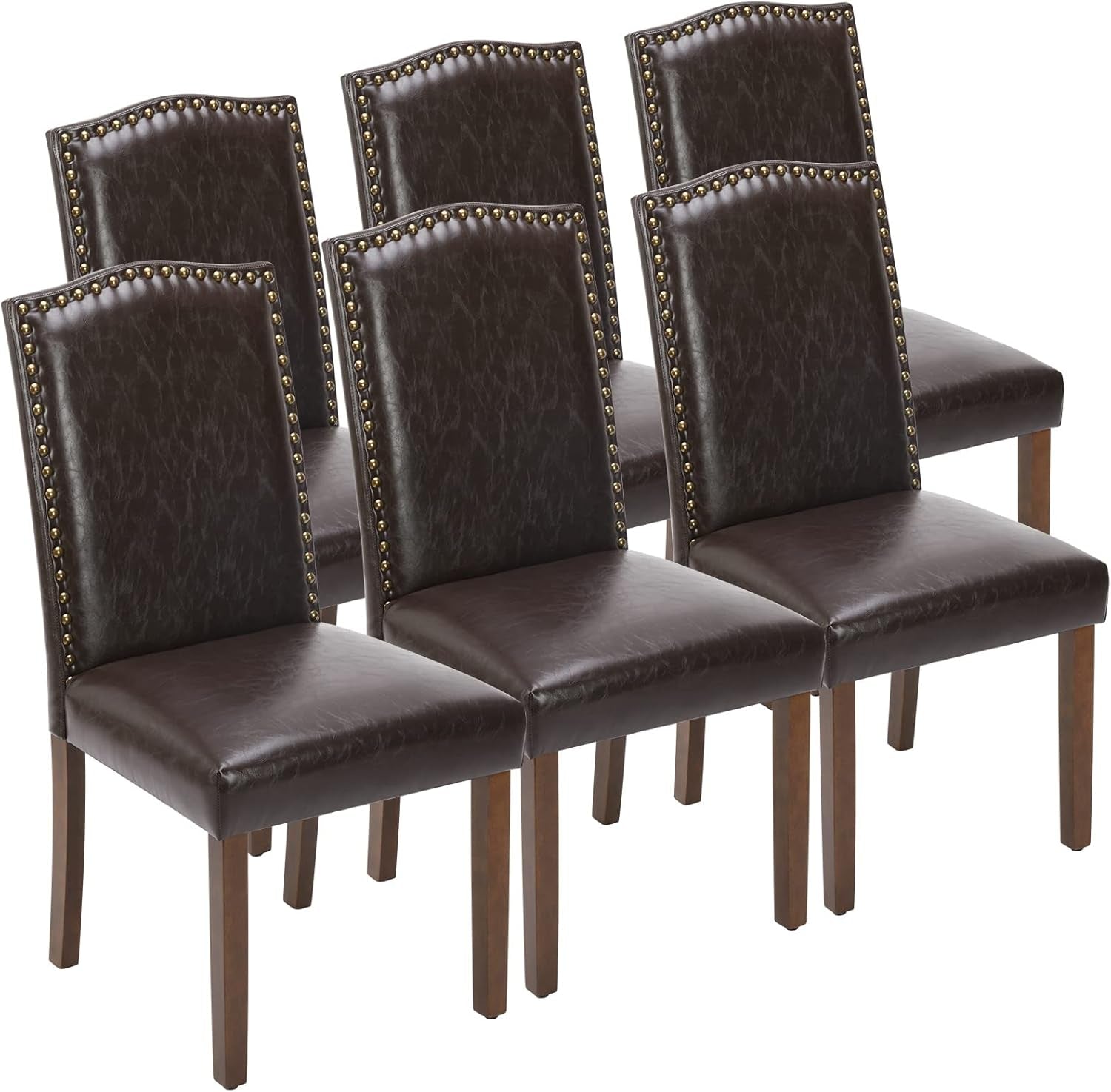 Upholstered Dining Chairs Set of 6, Modern Upholstered Leather Dining Room Chair with Nailhead Trim and Wood Legs, Mid-Century Accent Dinner Chair for Living Room, Kitchen, Dark Brown-0