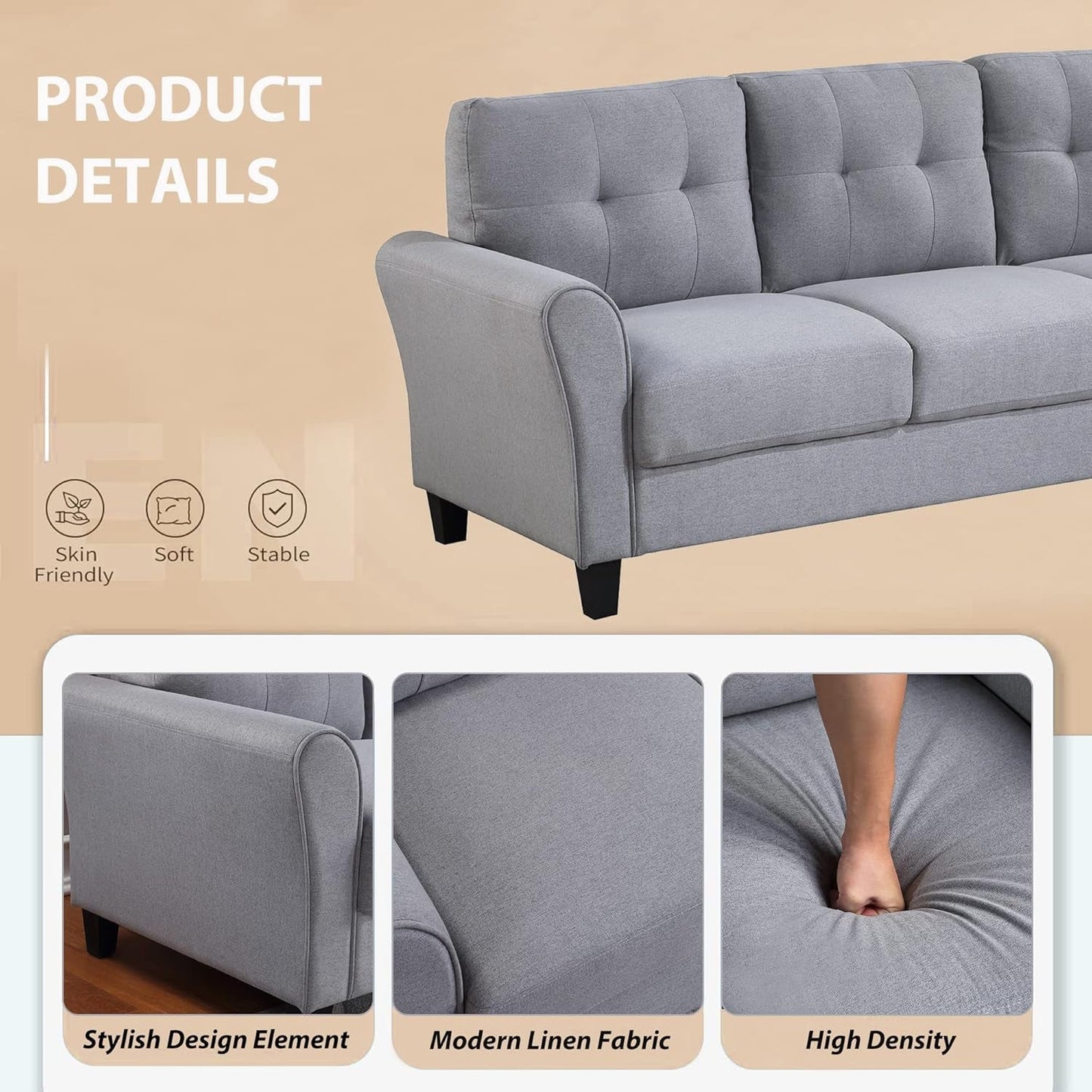 2-Piece Living Room Sectional Sofa Set, Modern Style Button Tufted Linen Upholstered Armchair and Loveseat Sofa Sectional Couch Set, Light Grey-Blue-2