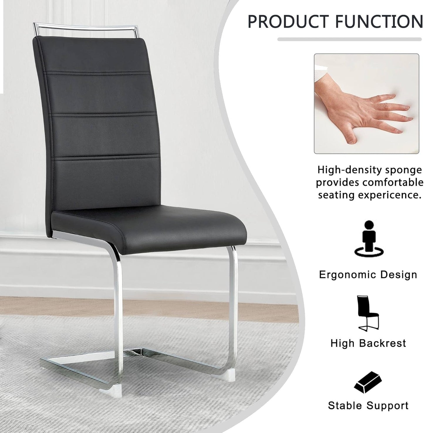 Modern Dining Chairs Set of 4, PU Faux Leather High Back Upholstered Dining Room Side Chair with Horizontal Stripe Backrest Design for Kitchen Living Room Vanity Patio Dinner Chairs, Black-2