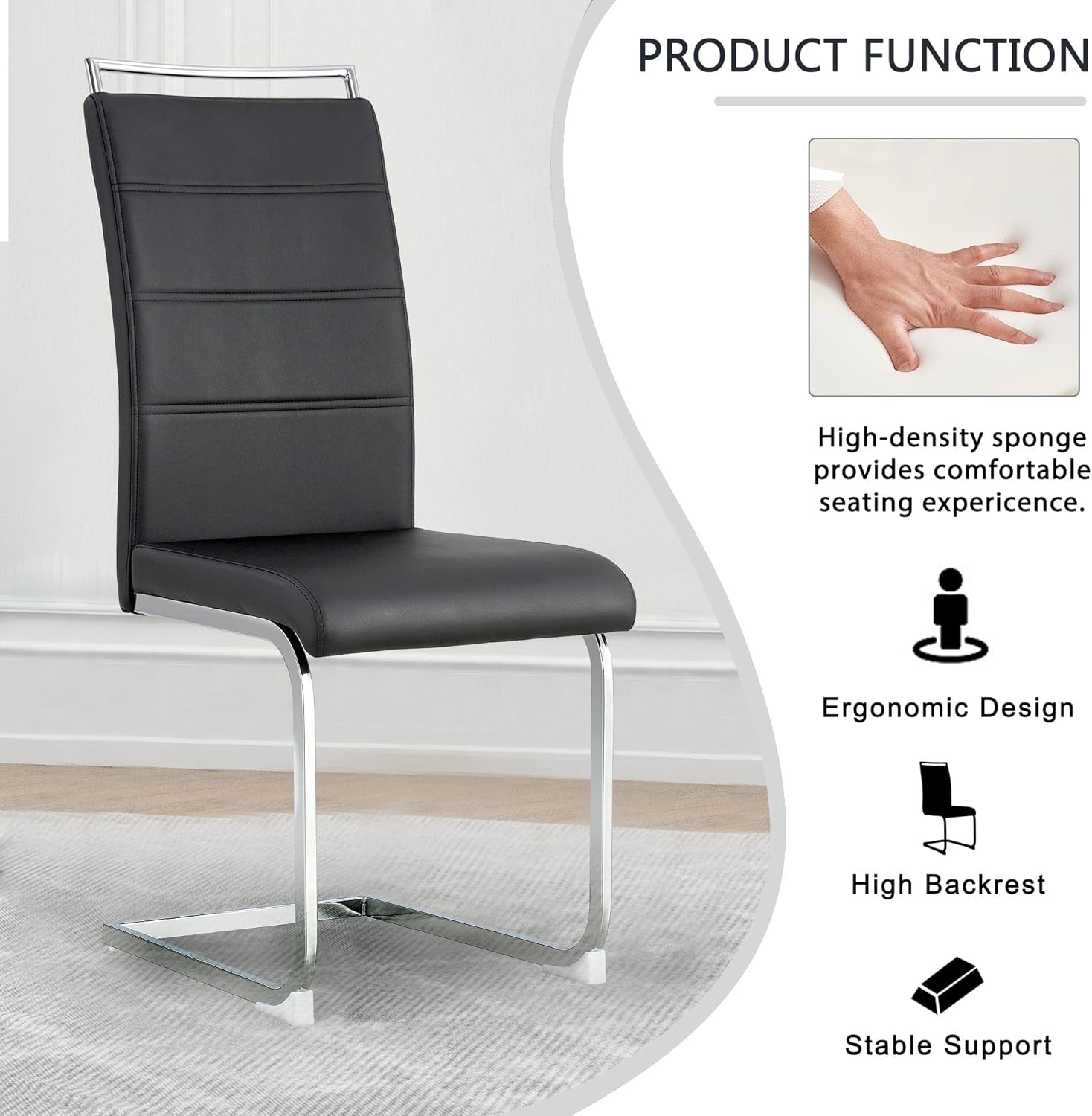 Modern Dining Chairs Set of 4, PU Faux Leather High Back Upholstered Dining Room Side Chair with Horizontal Stripe Backrest Design for Kitchen Living Room Vanity Patio Dinner Chairs, Black-2