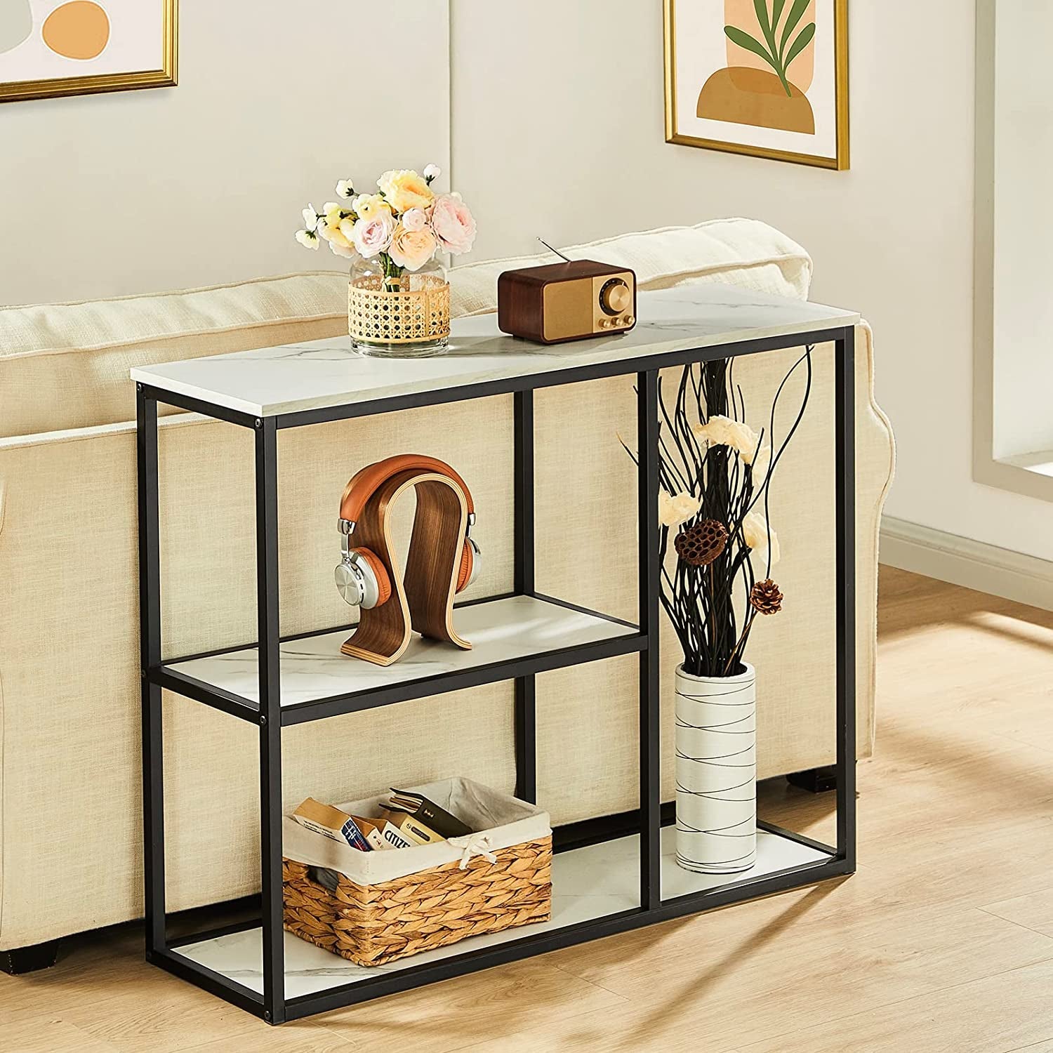 Modern Industrial Sofa Table with Storage Shelves-4