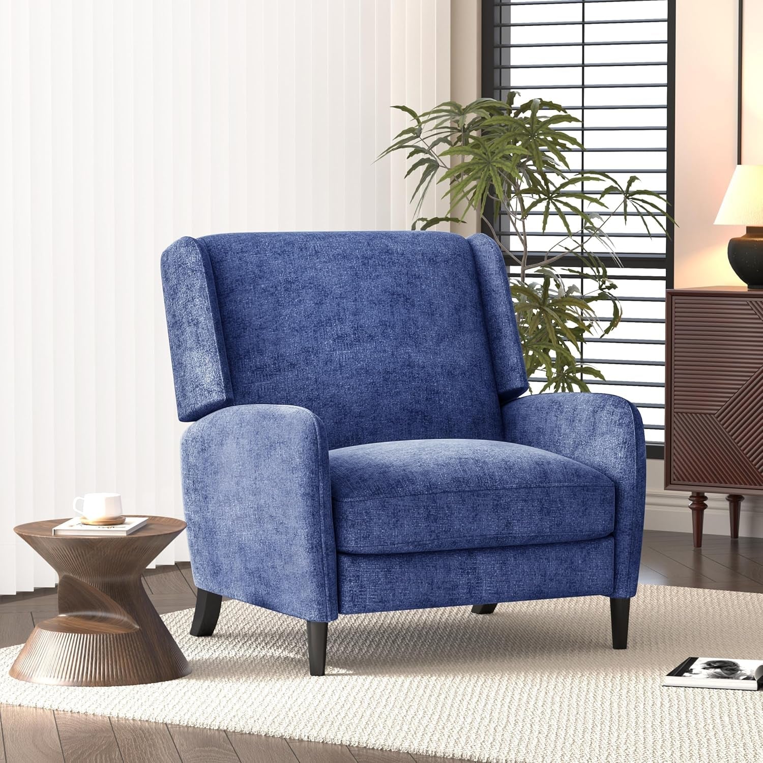 Oversized Pushback Recliner, Textured Fabric Push Back Chair with Padded Seat for Living Room Bedroom, Navy Blue-4